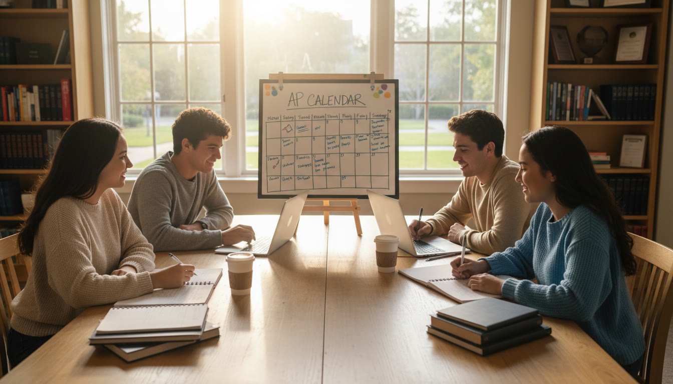 Photo Idea : A bright study room with 4 students around a table, each with a laptop, a notebook, and a shared whiteboard showing a weekly calendar. Natural morning light, warm tones, relaxed but focused vibe.