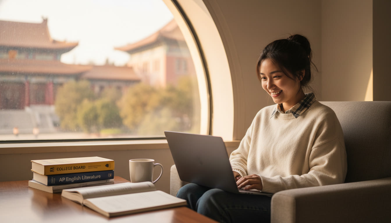 Photo Idea : A warm, candid photo of an international high school student studying at a laptop in a cozy library corner, Peking University’s distant campus architecture softly out of focus in the background (suggesting global aspiration).