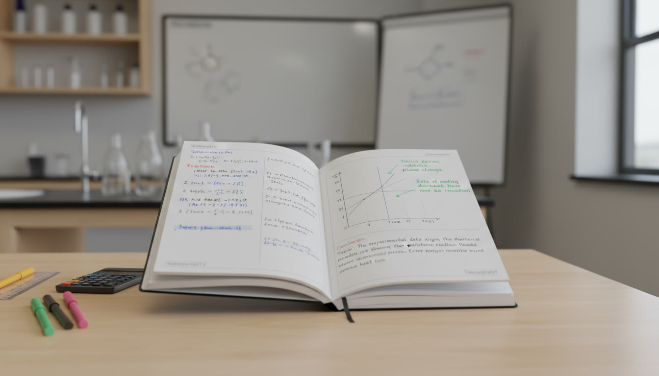 Photo Idea : A close-up of a student’s lab notebook open beside a neat table and a small graph, with annotations visible — emphasizes thoughtful data commentary and organized presentation near the end of the article.
