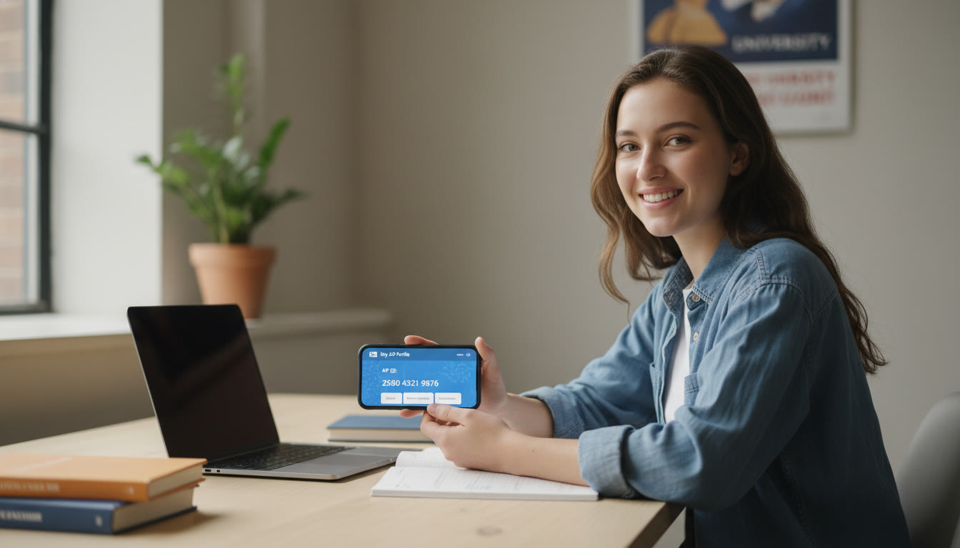 Photo Idea : A student sitting at a desk, holding a phone displaying their My AP profile with an AP ID visible. Visual should feel calm and practical — neutral background, natural light.