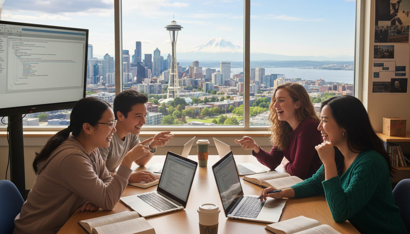 Photo Idea : A bright classroom scene in Seattle with a small group of students collaborating on code laptops, with the city skyline and Mt. Rainier visible through a window in the background — captures the blend of academics and place.