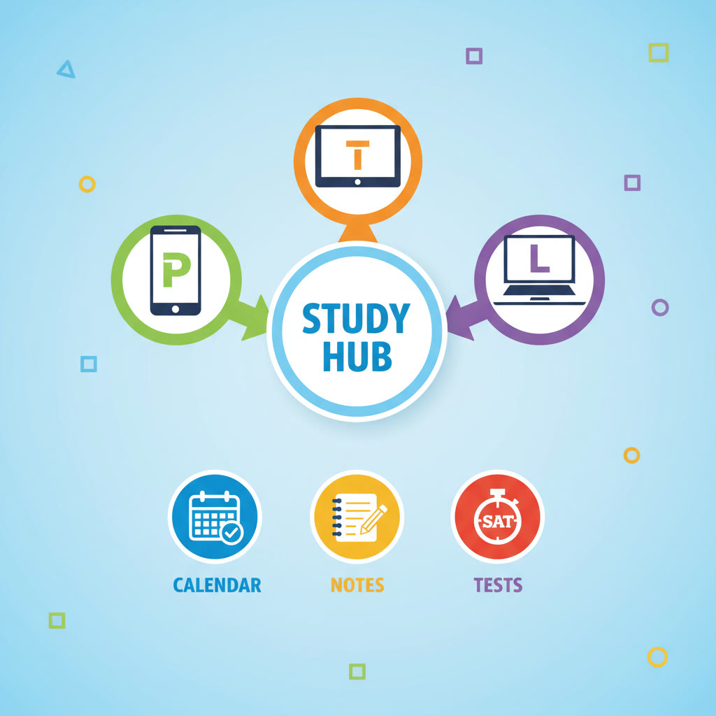 Illustration idea: A simple infographic-style image showing a hub in the center (labeled 'Study Hub') with arrows to Phone, Tablet, and Laptop, and icons for Calendar, Notes, and Tests—clean, colorful, and easy to read.