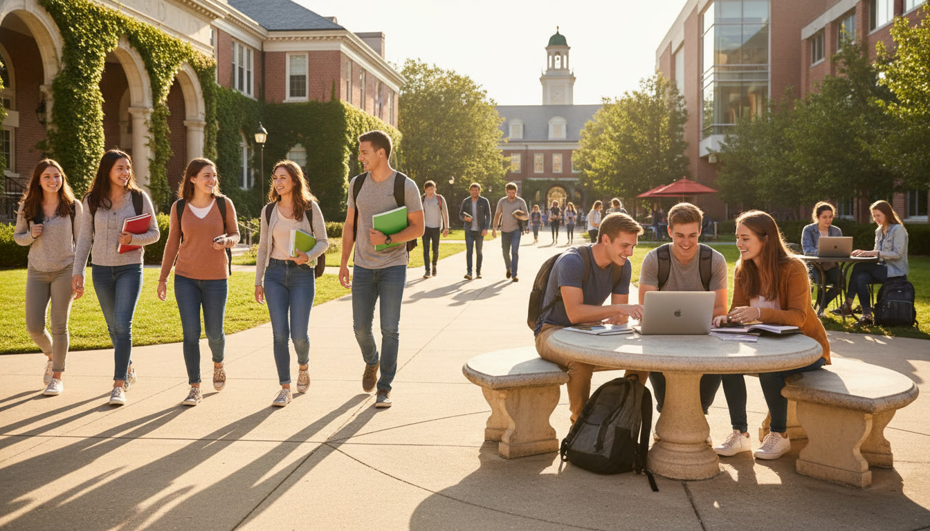 Photo Idea : A dynamic campus scene shot on a sunny day showing Kelley students walking between classes, some collaborating over laptops — captures the vibe of opportunity that smart AP planning can help unlock.