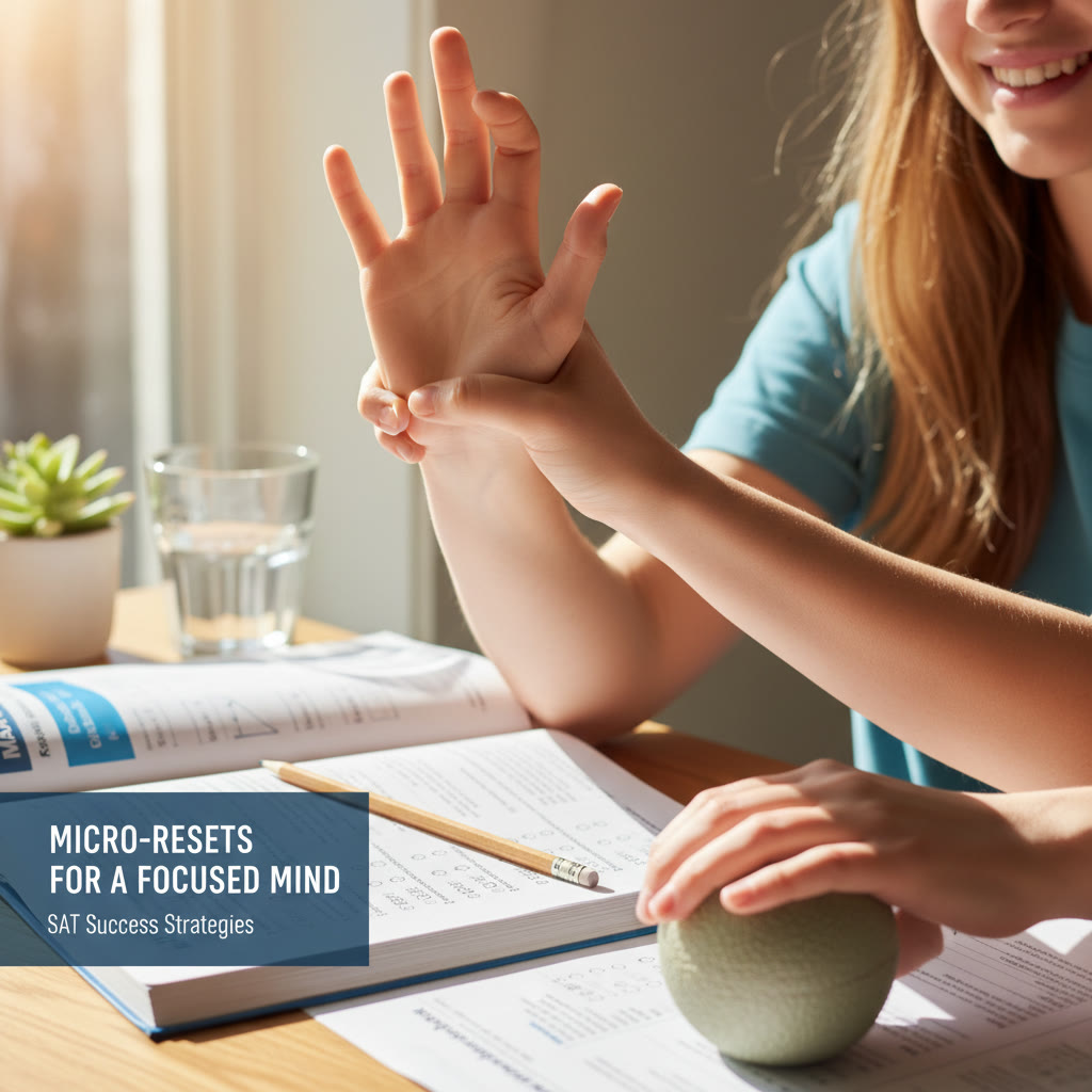 Close-up of hands doing a quick stretch and deep-breathing exercise beside a test booklet to illustrate micro-resets