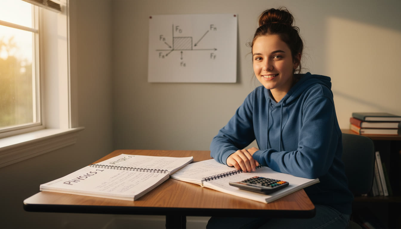 Photo Idea : A high school student sitting at a desk with two open notebooks labeled “Physics 1” and “Physics C,” a graphing calculator to one side, and a diagram of a free-body force on the wall behind. Calm, focused morning sunlight. This visually sets up the comparison theme early in the article.