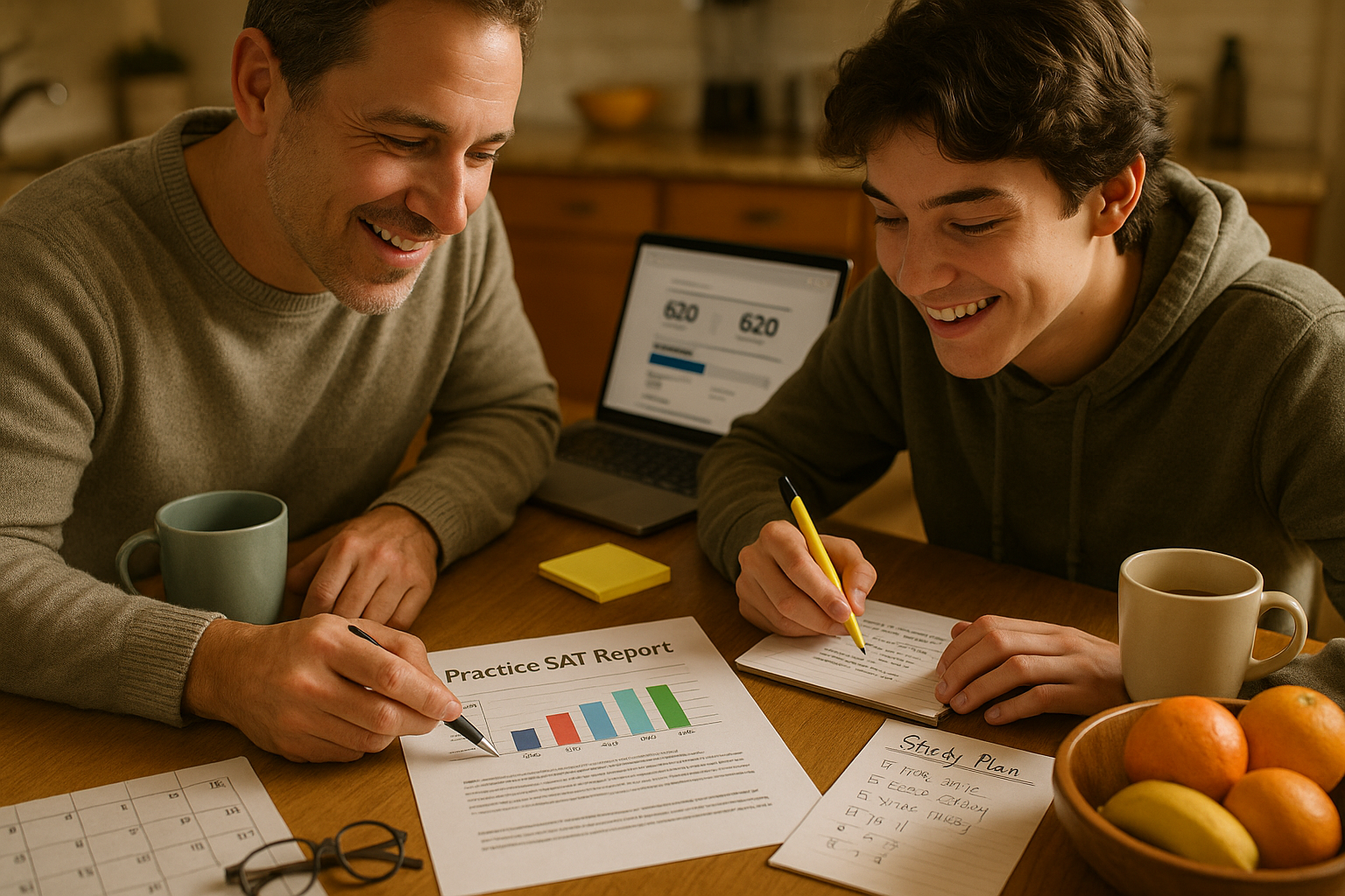 Photo Idea : A parent and teen at a kitchen table reviewing a practice SAT report together, highlighting improvements and making a study plan on a notepad.
