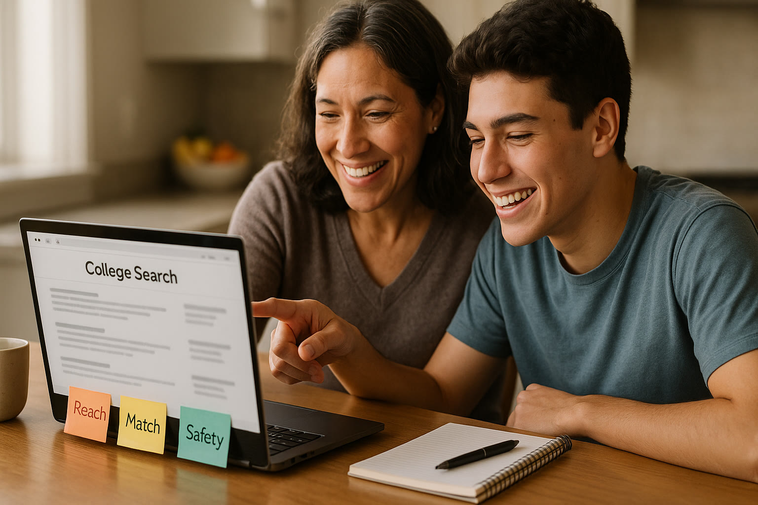Photo Idea : A smiling teen and parent at a kitchen table, laptop open to a college-search page, color-coded sticky notes showing 