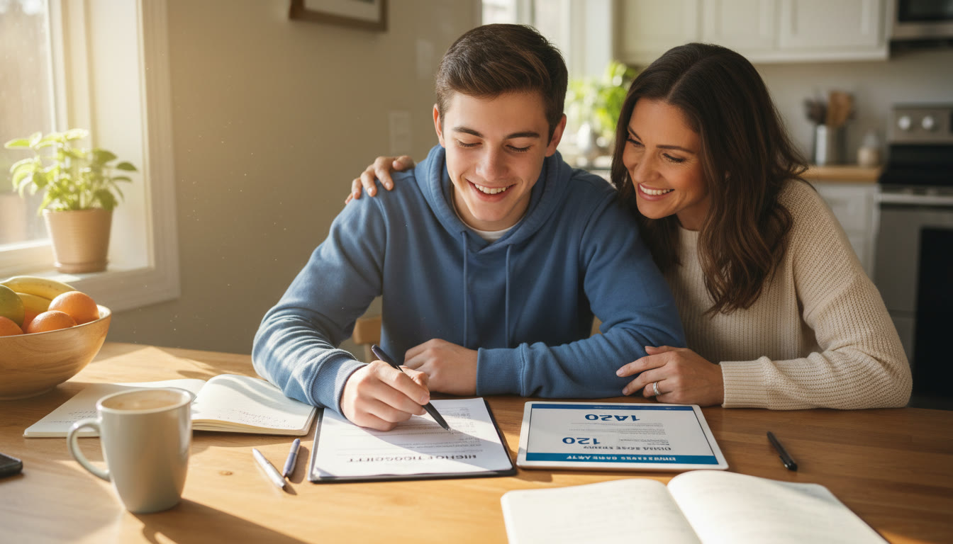 Photo Idea : A parent and student reviewing a high school transcript and a Digital SAT score report together at a kitchen table, pens and notes visible   warm, collaborative scene showing planning and partnership.