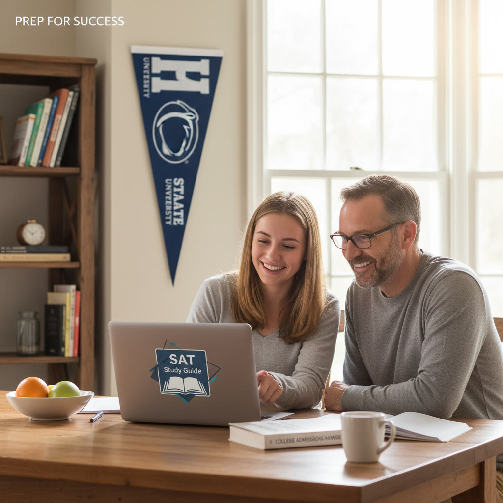 Photo Idea : A bright, warm photo of a high school student and a parent reviewing a laptop together at a kitchen table, with a Penn State pennant in the background — candid, hopeful, focused.