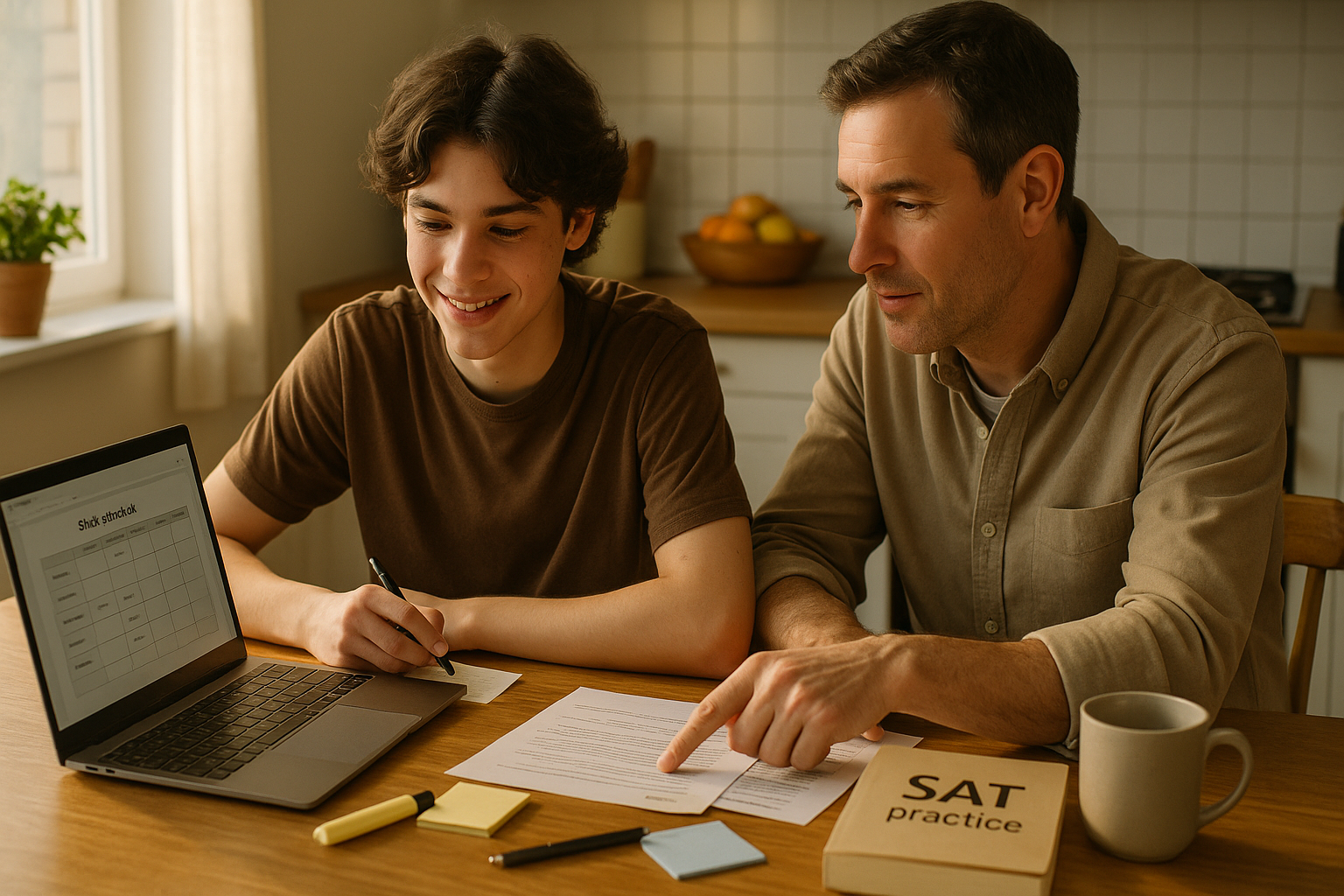 Photo Idea : A relaxed student and parent at a kitchen table with a laptop, a physical SAT practice book, notes, and a calm study vibe. Natural light, warm tones, showing collaborative planning.