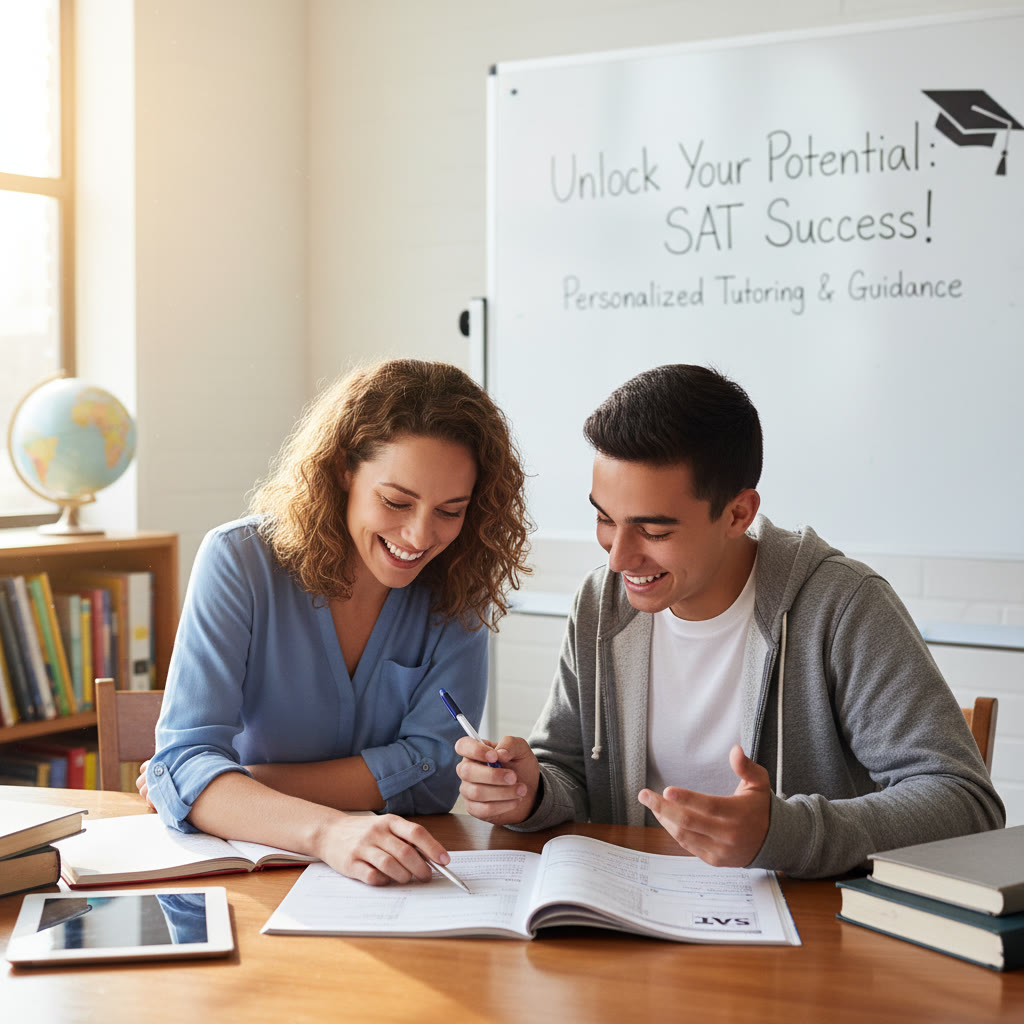 Photo idea: A tutor and student working one-on-one across a table, smiling as they review a practice test—showcasing personalized tutoring and guidance.
