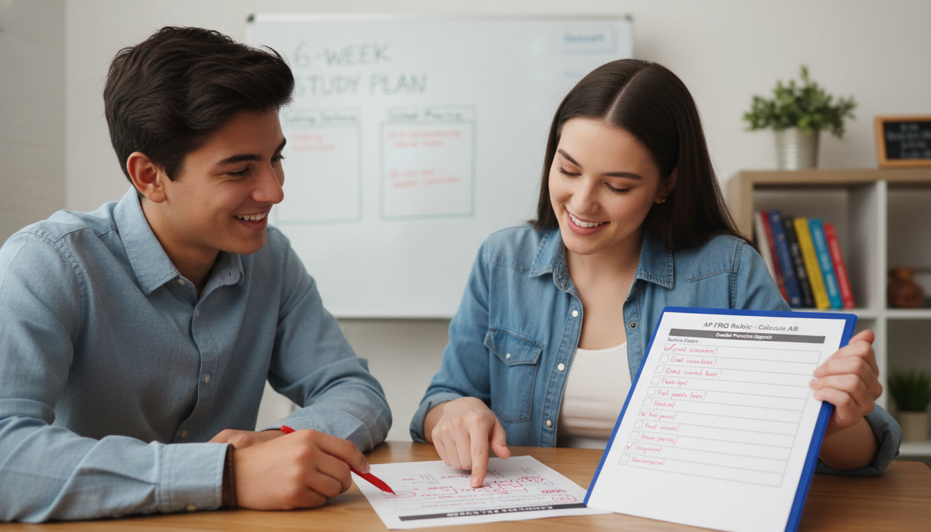 Photo Idea : A tutor and a student reviewing a scored practice FRQ together with red pen annotations and a checklist of rubric points. Place this near the final sections on tutoring and the 6-week plan to show the impact of guided practice.