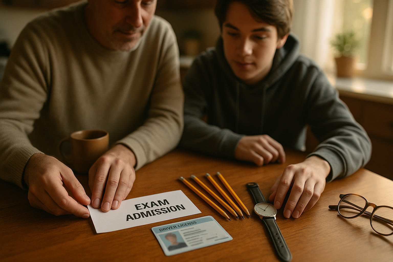 Photo Idea : A parent and high-school student laying out test day items on a kitchen table—admission ticket, a physical driver’s license, sharpened pencils, and a watch—sunlight coming through a window to suggest a calm morning.