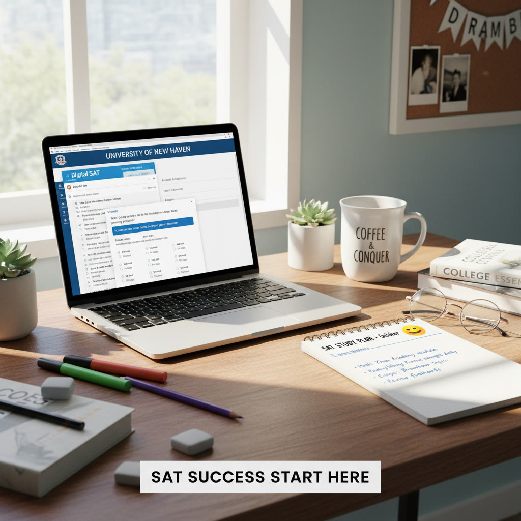 Photo Idea : A calm, sunlit desk with a laptop open to a college application portal, a Digital SAT practice screen visible on the laptop, and a notebook with a neatly written study plan beside it.