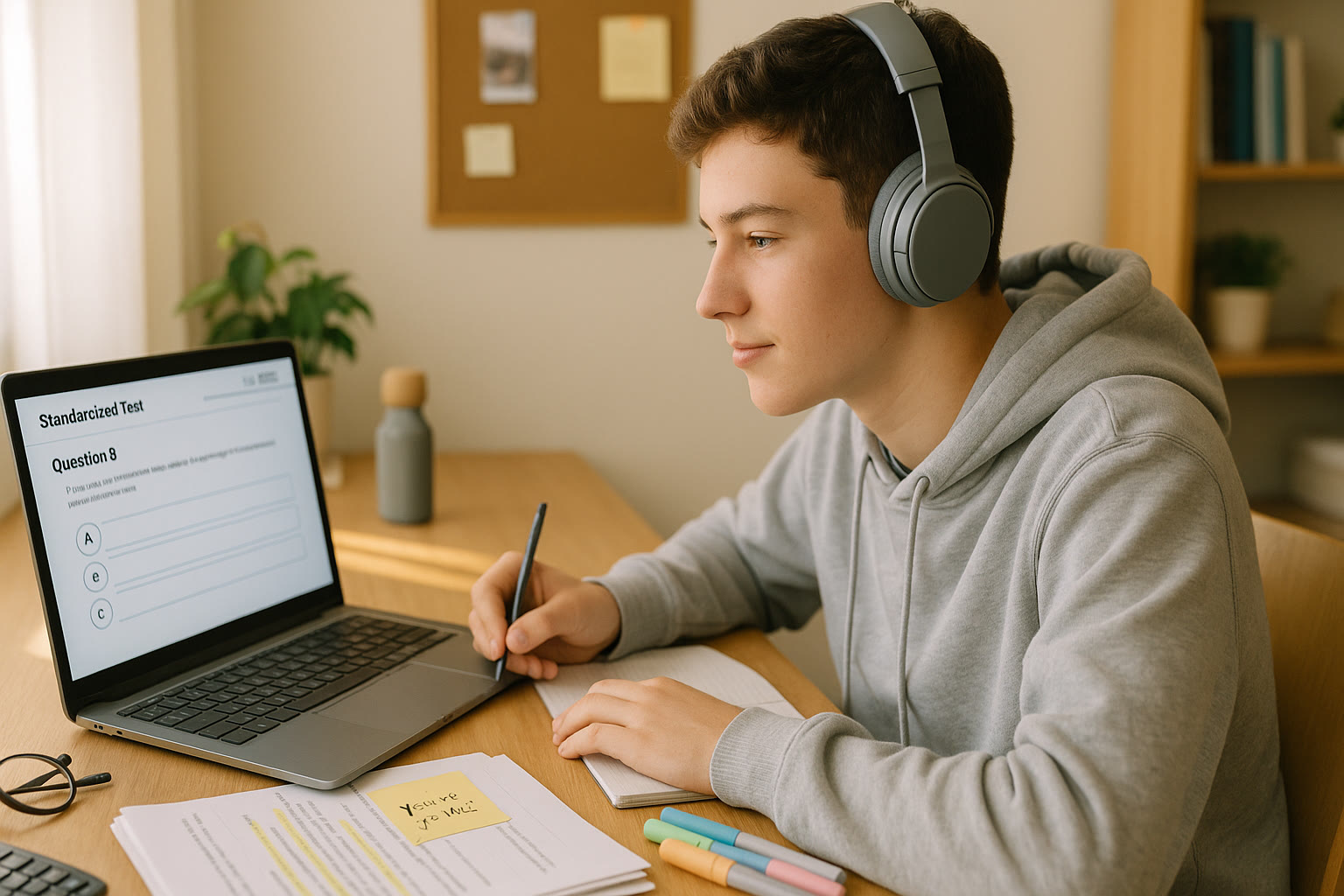 Photo Idea : A teen practicing a digital SAT section at a desk with headphones and a laptop, tutor notes beside them, showing an organized study space—bright and hopeful mood.