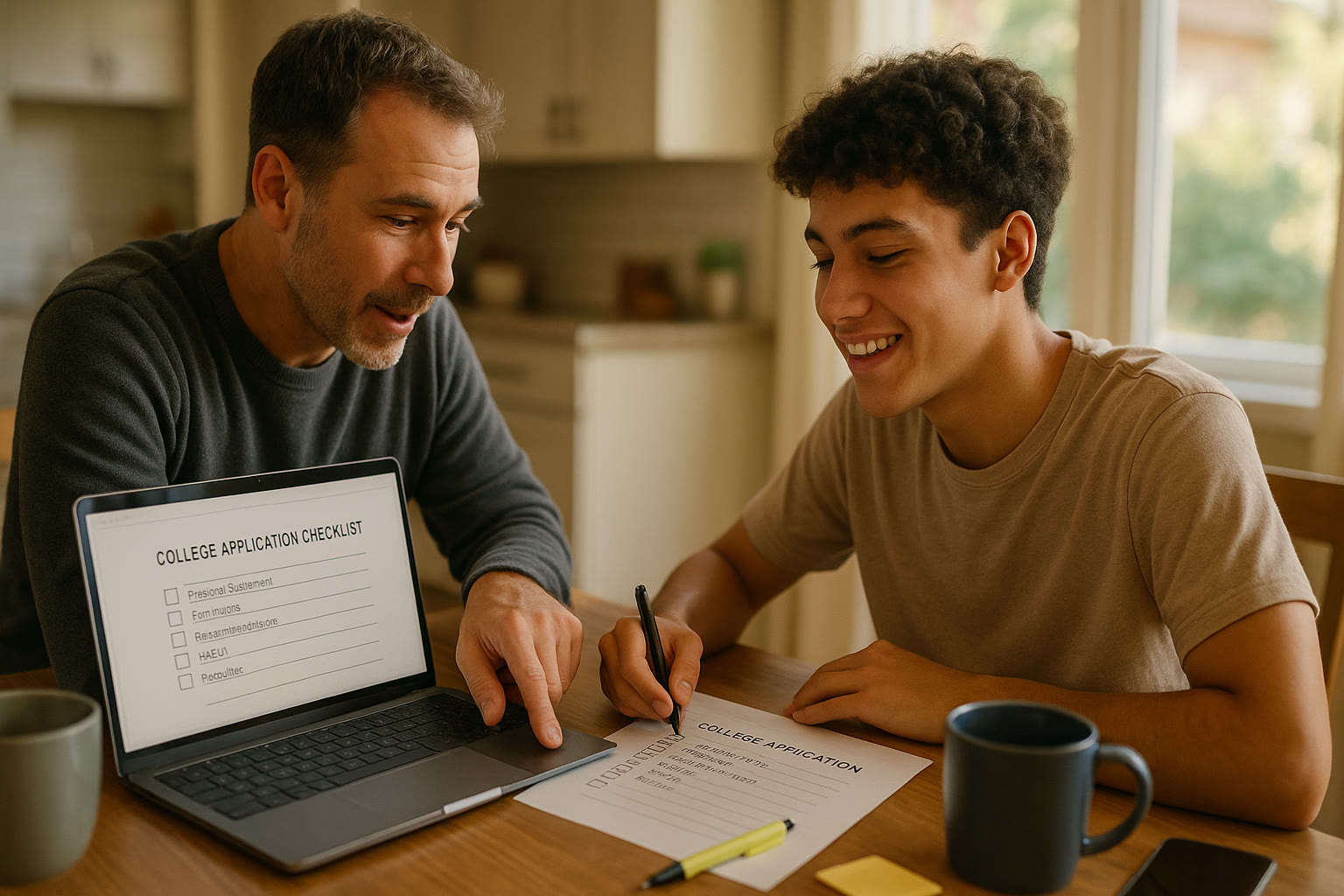 Photo Idea : A candid photo of a parent and teen at a kitchen table with a laptop and coffee, looking at a college application checklist together.