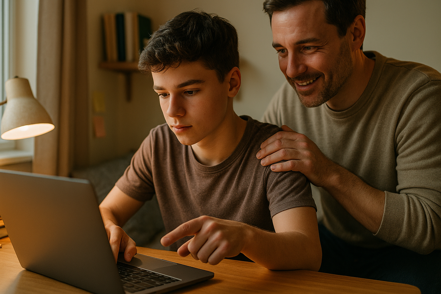 Photo Idea : A close-up photo of a high school student using a laptop in a cozy study corner, with a parent or tutor nearby offering encouragement.