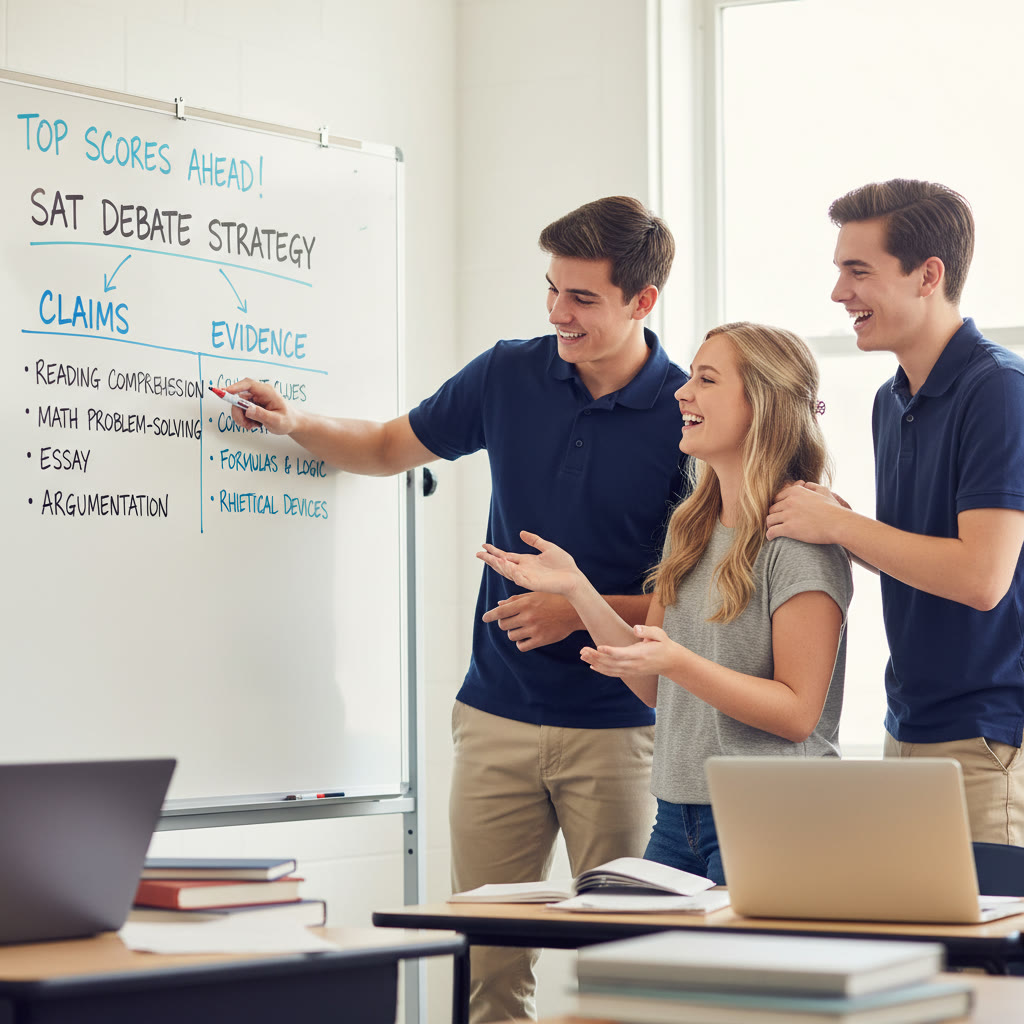 A debate team in mid-discussion, with one member pointing at a whiteboard outlining claims and evidence — dynamic classroom scene