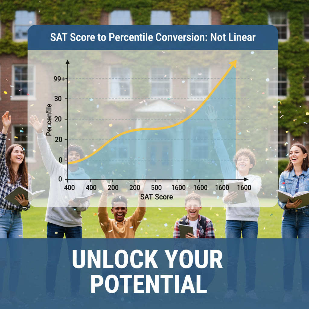 A stylized chart showing SAT score on the x-axis and percentile on the y-axis, with a steep curve at the high end and a flatter middle—visualizes how percentile changes are not linear.
