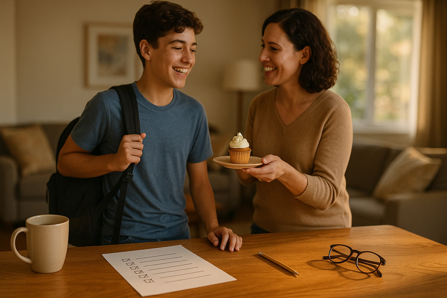 Photo Idea : A relaxed post-test family scene—student smiling with a backpack in hand, parent offering a small celebratory dessert while a printed checklist lies on the table.