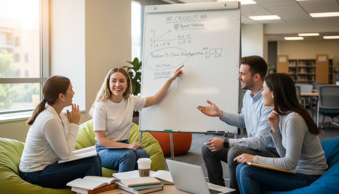 Photo Idea : A small group session with a student and a Sparkl tutor working through an AP practice problem on a whiteboard—conveys personalized guidance and confidence-building.