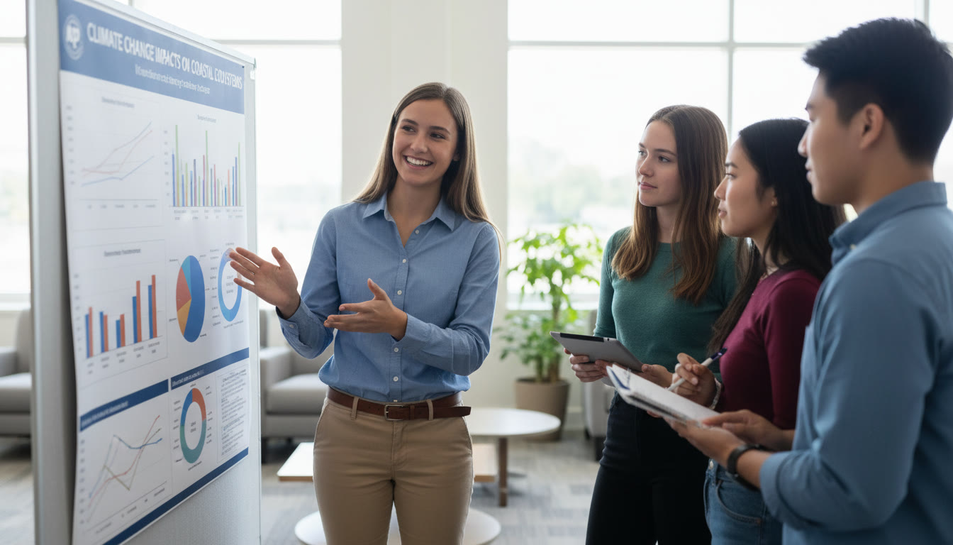 Photo Idea : A clean, inviting image of a student presenting a research poster to a small group, with graphs visible and the presenter animatedly explaining a chart. This should convey communication skill and real-world presentation experience.