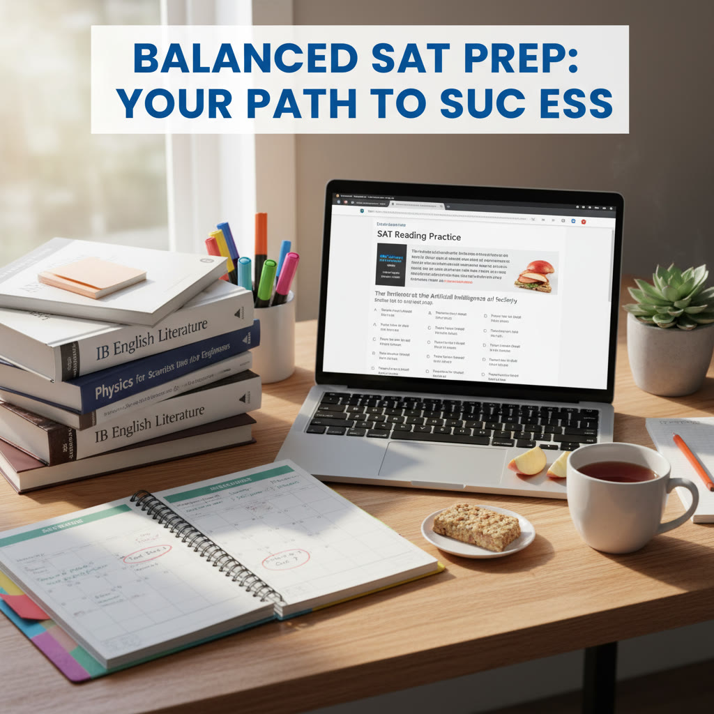 Student desk with AP/IB textbooks, a laptop displaying an SAT practice passage, and a planner—suggested image to show balanced study setup