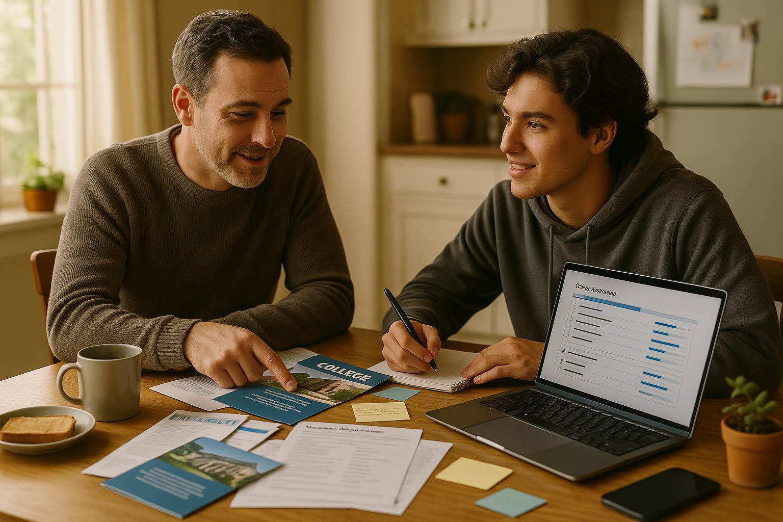 Photo Idea : A warm kitchen-table scene: a parent and teen spread out with college brochures, a laptop showing a college application dashboard, and notes. Natural light, relaxed posture—conversation, not interrogation.
