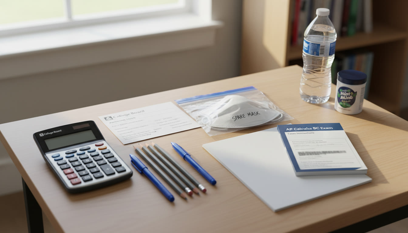 Photo Idea : A tidy desk with AP exam materials — calculator, pencils, admission ticket, and a labeled spare mask in a clear bag — shot from above to show organized preparation and calm readiness.