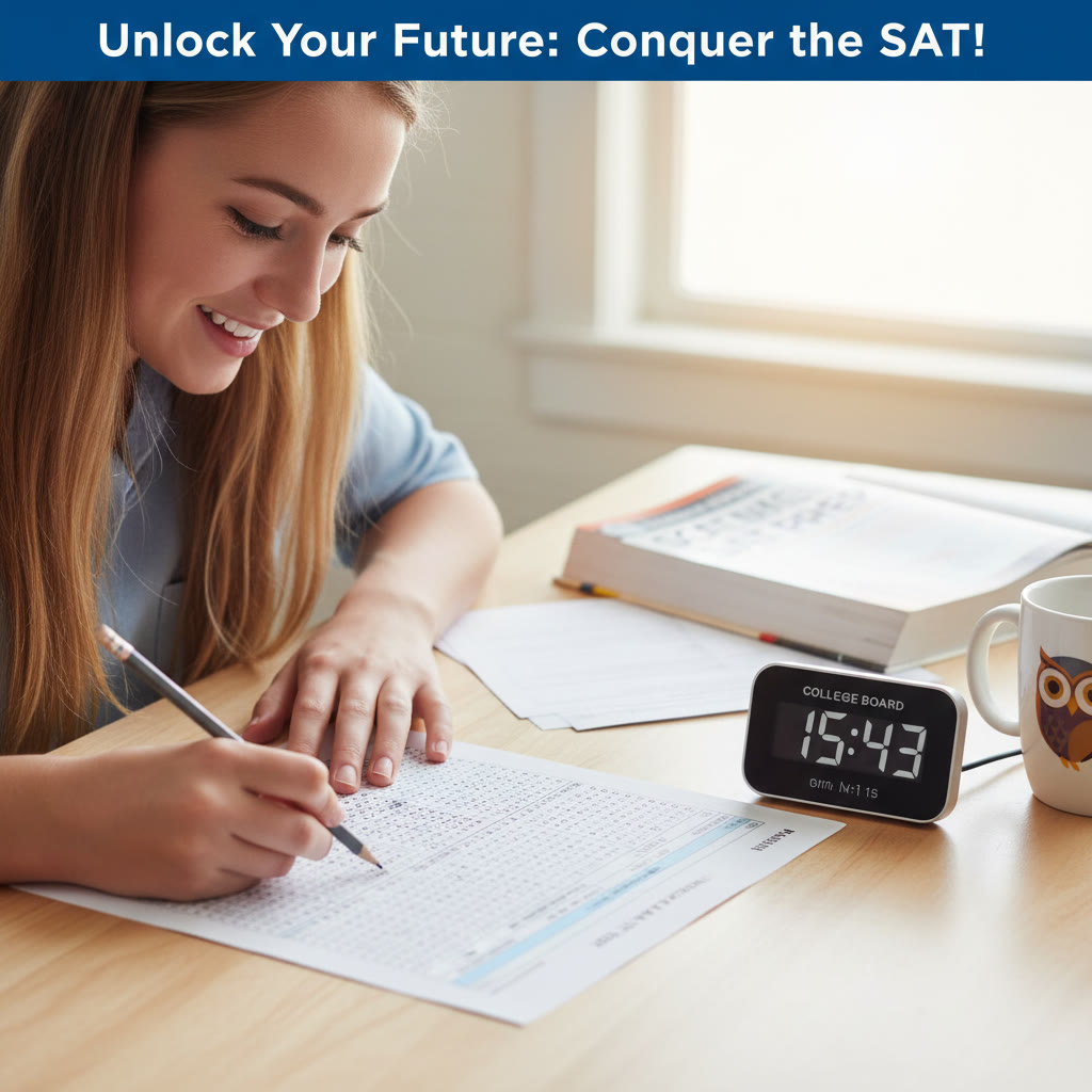 Close-up of an SAT answer sheet with a student filling bubbles and a timer visible nearby