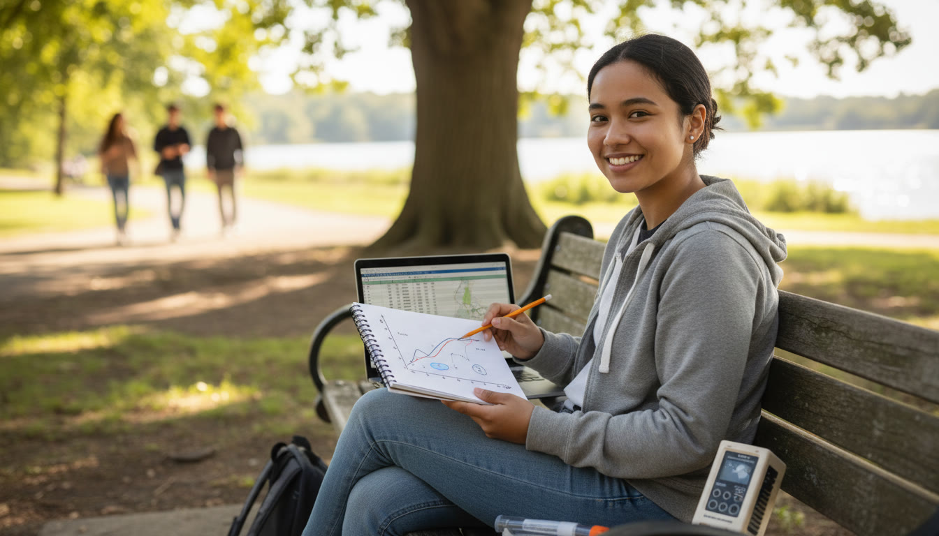 Photo Idea : A high-resolution photo of a student with a laptop and notebook working at a local park bench while sketching a graph — captures the idea of modeling local data and fieldwork. Place this image near the beginning, around the section 'How to Choose a Project' to inspire readers about real-world data collection.