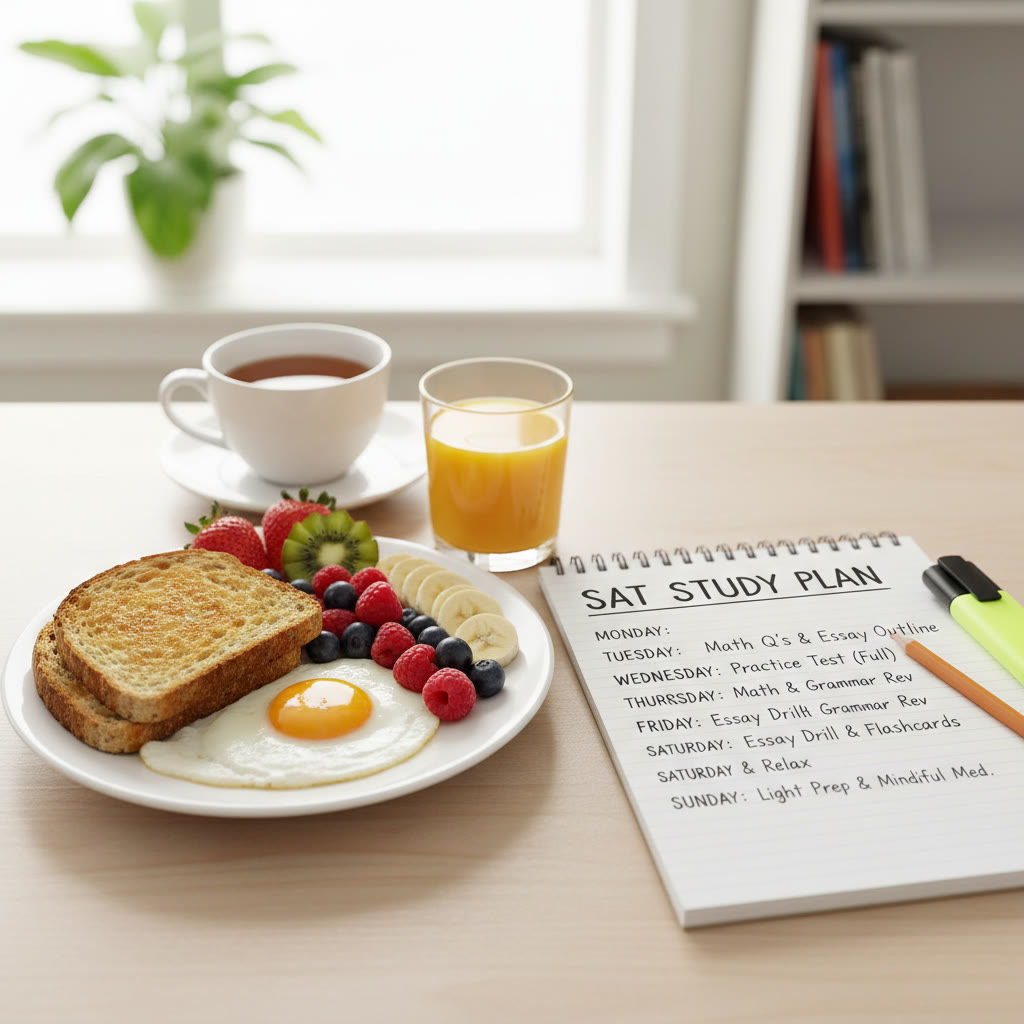 Photo idea: A calm breakfast scene with whole-grain toast, eggs, fruit, and a notebook with a scheduled study plan for the week, suggesting balanced pre-test preparation.