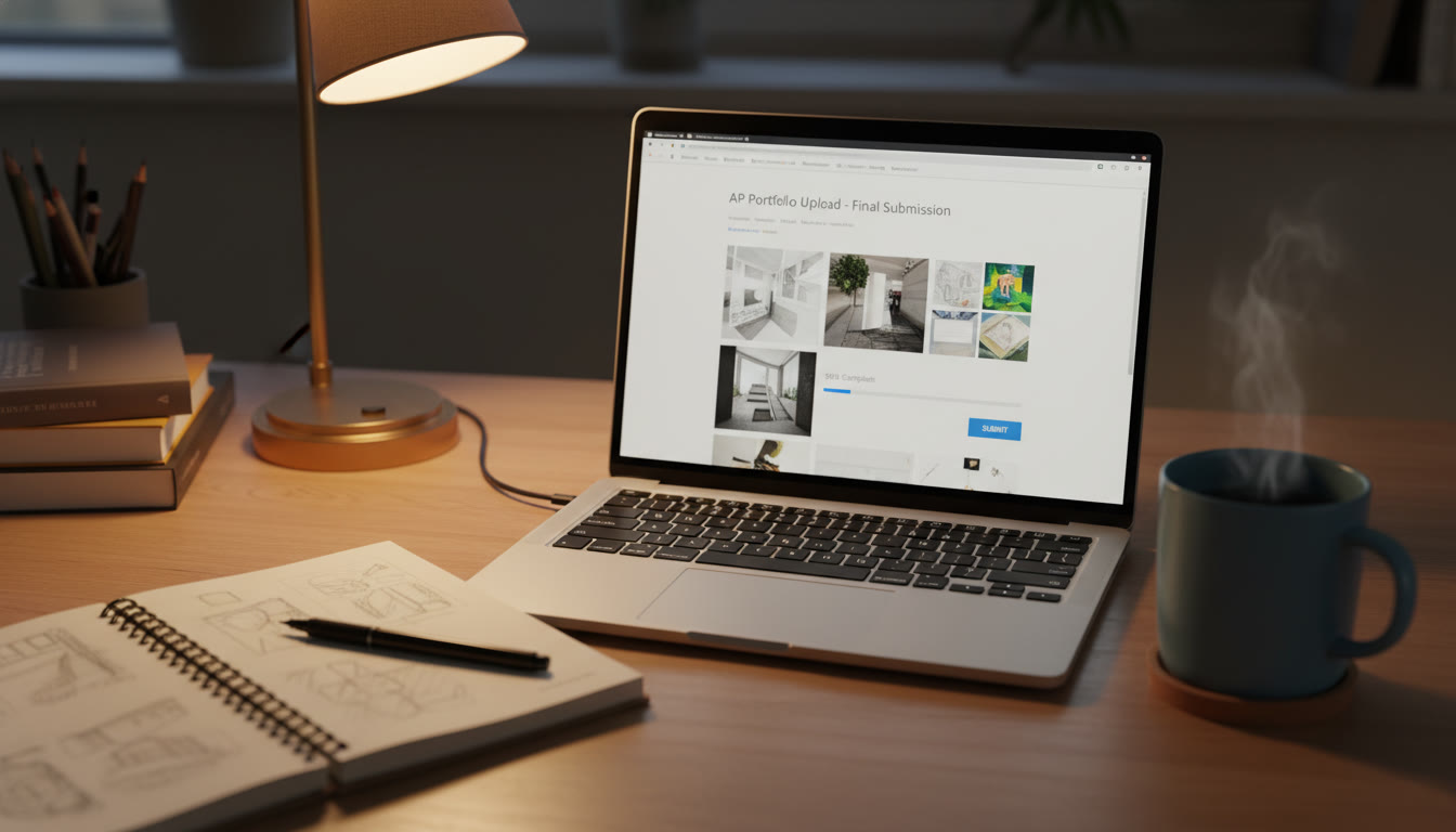 Photo Idea : A warmly lit desk at night with a laptop open to a portfolio upload page, a sketchbook, and a mug of tea. The scene should feel calm and focused — the final-steps vibe.