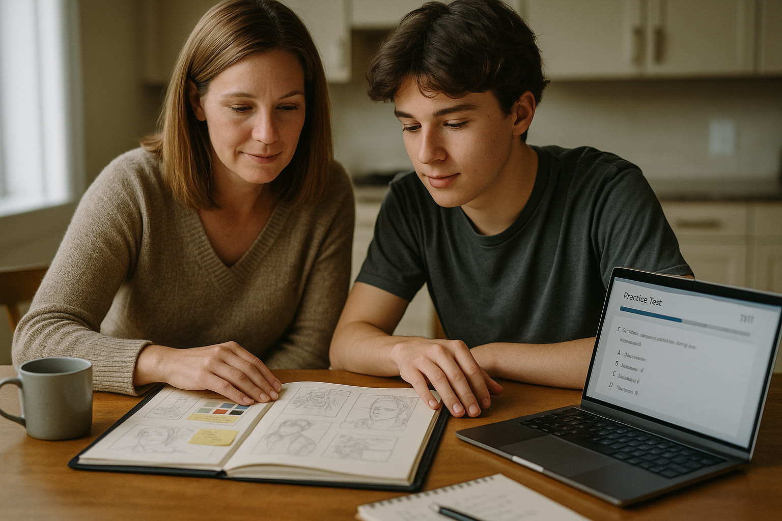 Photo Idea : A parent and teen reviewing an art portfolio at a kitchen table with a laptop showing a digital SAT practice interface—capturing collaboration, calm focus, and planning.