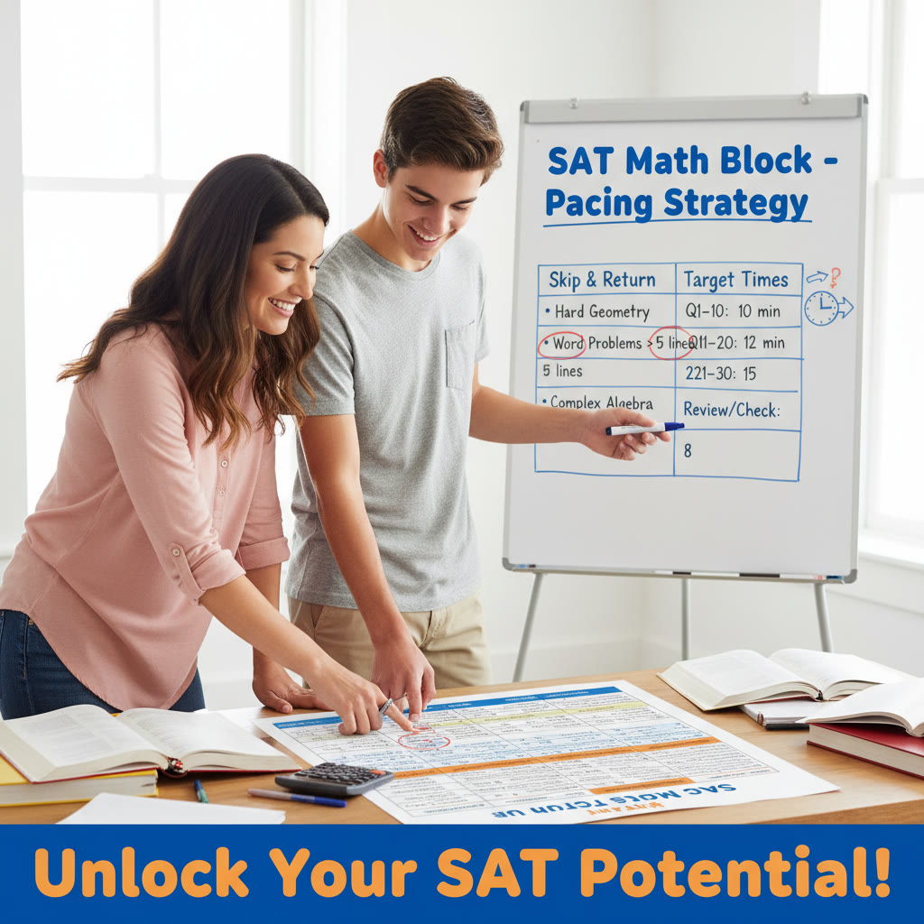 A tutor and student reviewing a math block’s pacing chart with a whiteboard illustrating skip-and-return decisions and target times.