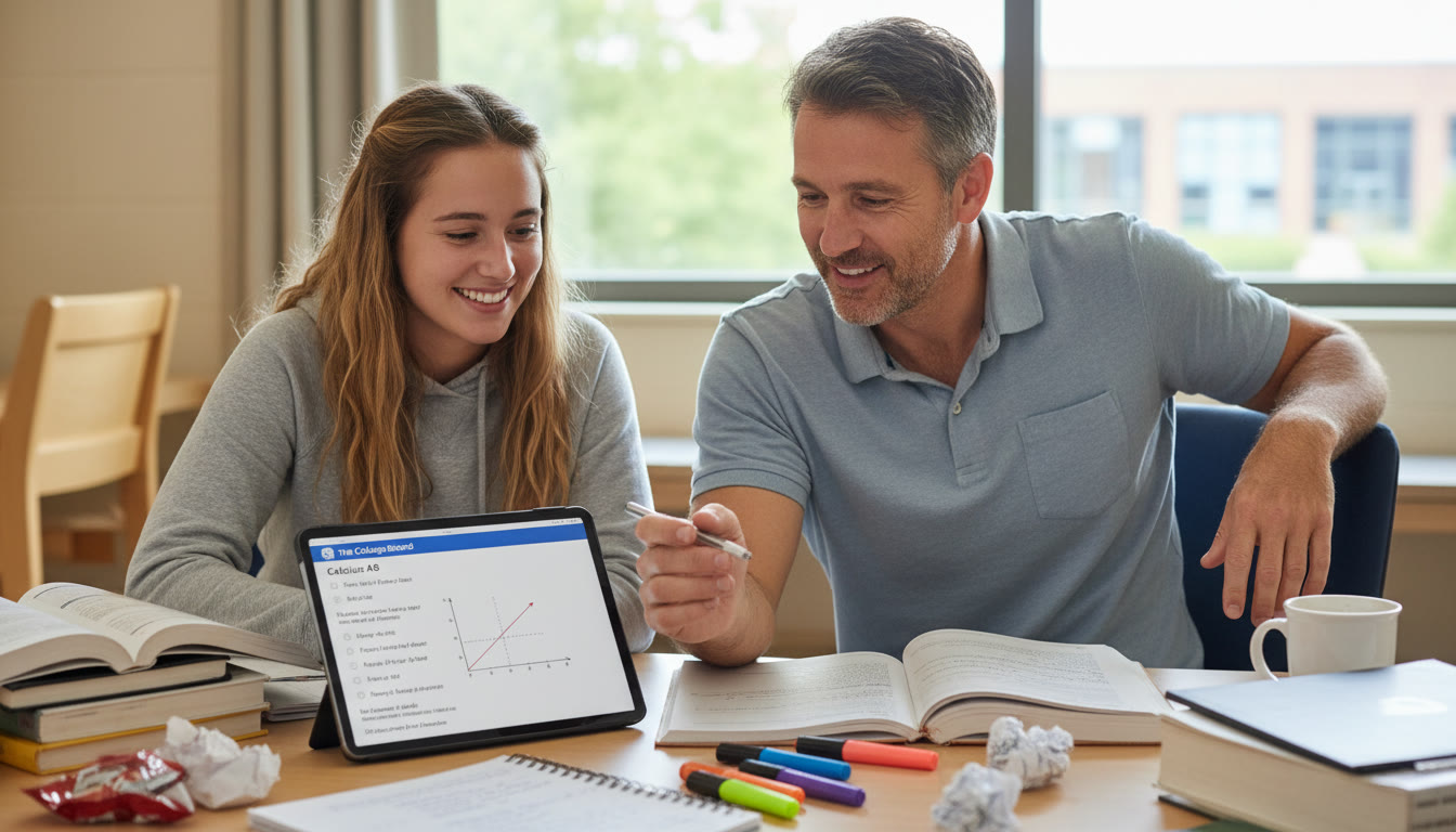 Photo Idea : A focused study session with a tutor and a student reviewing practice AP questions on a tablet; visible study notes and a relaxed but engaged tutor providing encouragement.