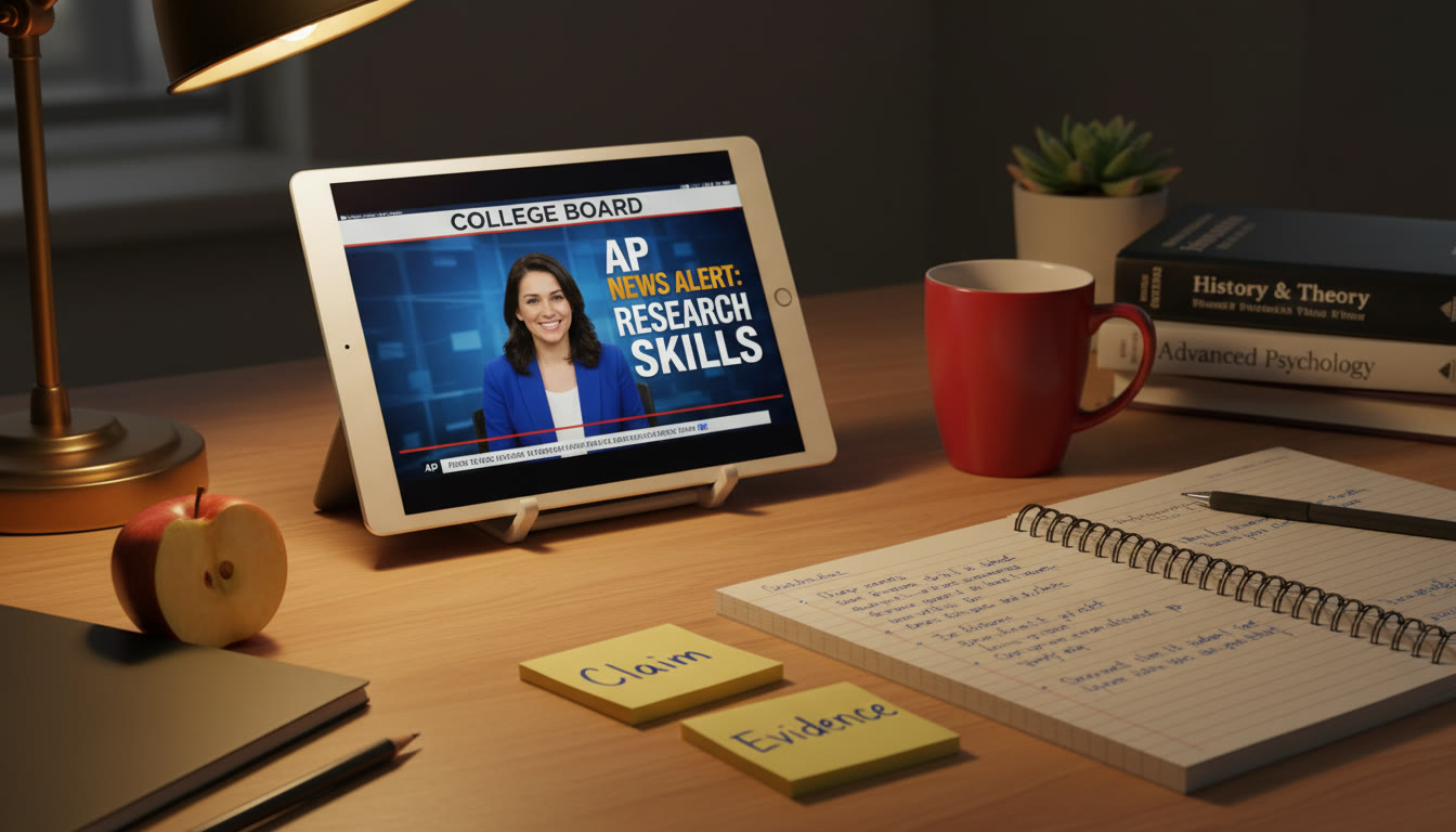 Photo Idea : A study spread on a desk with a tablet showing a paused news segment, handwritten notes, and two sticky notes labeled 