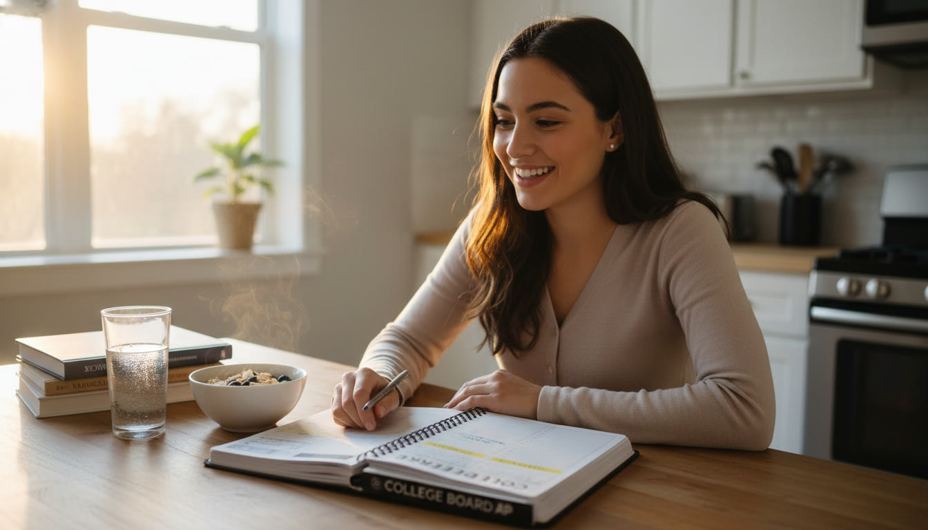 Photo Idea : A wide-angle shot of a student at a kitchen table early morning, soft natural light, a planner open, a bowl of oatmeal and a glass of water nearby — calm and prepared.