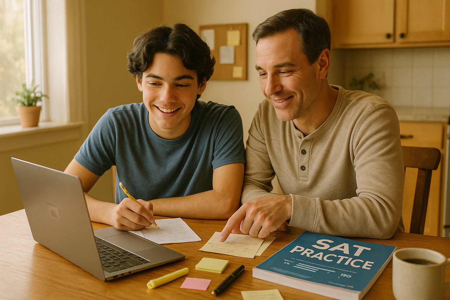 Photo Idea : A relaxed student and parent at a kitchen table with a laptop, a physical SAT practice book, notes, and a calm study vibe. Natural light, warm tones, showing collaborative planning.