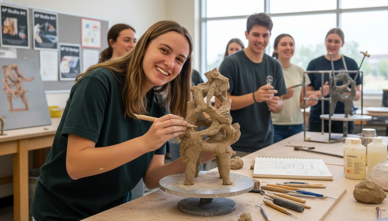 Photo Idea : A bright, candid photo of a student in a workshop adjusting a sculptural piece on a turntable. Capture hands, tools, and material textures to communicate process and scale.