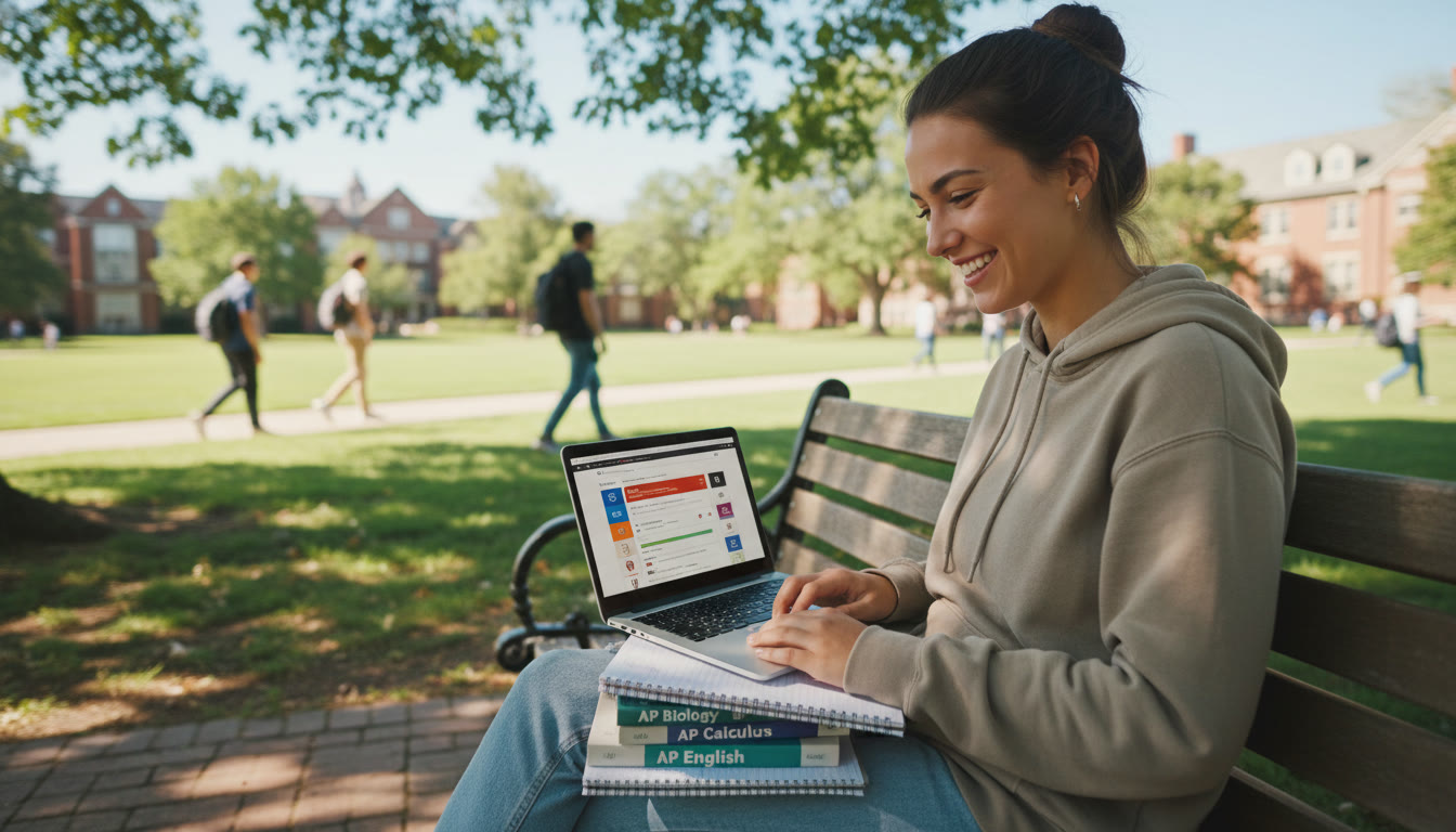 Photo Idea : A bright, candid shot of a student studying AP textbooks at a sunny campus bench — a small stack of notebooks labeled AP Biology, AP Calculus, AP English, with a laptop open to a college admissions portal.