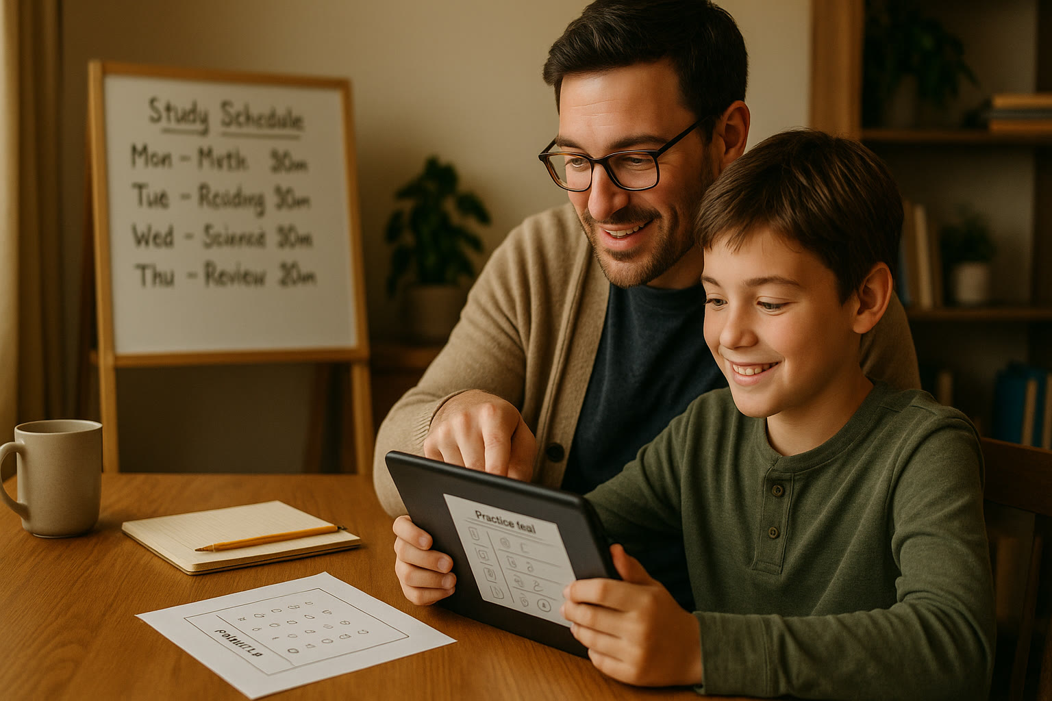 Photo Idea : A tutor (or parent) and a student reviewing a practice test on a tablet, with a small whiteboard showing a simple study schedule in the background.
