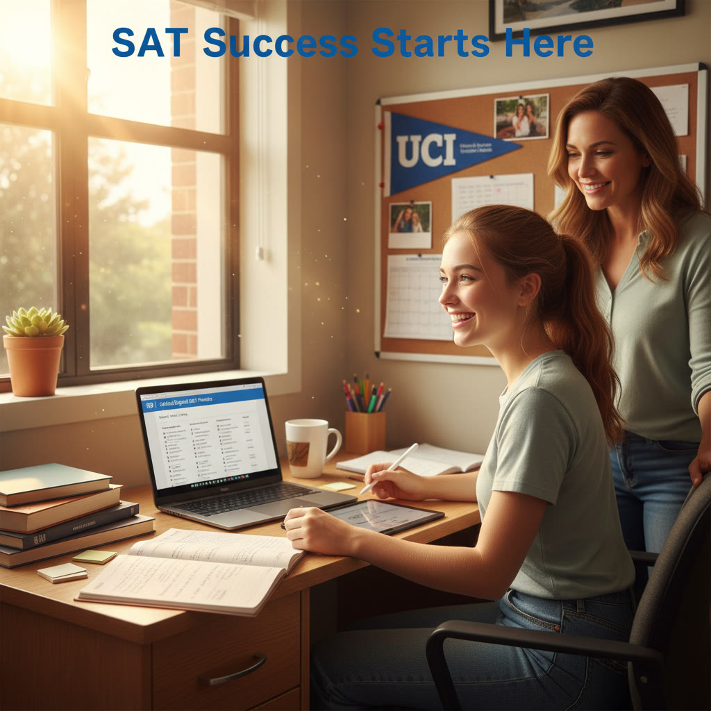 Photo Idea : A bright, hopeful student studying in a sunny dorm room at UCI with a Digital SAT practice screen open on a laptop, notes scattered, and a parent looking over with a reassuring smile.
