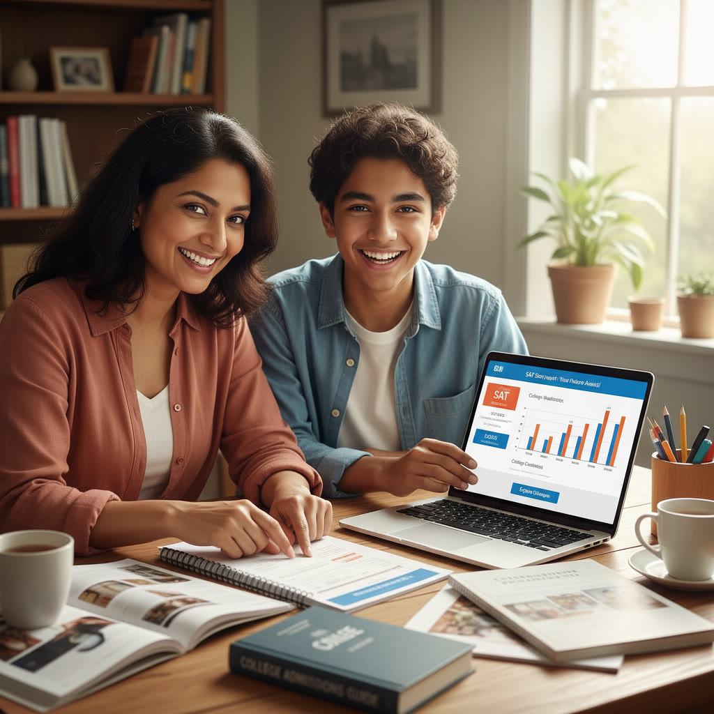 Photo Idea : A parent and student reviewing a college checklist and a laptop showing an interactive score report; candid, encouraging atmosphere.