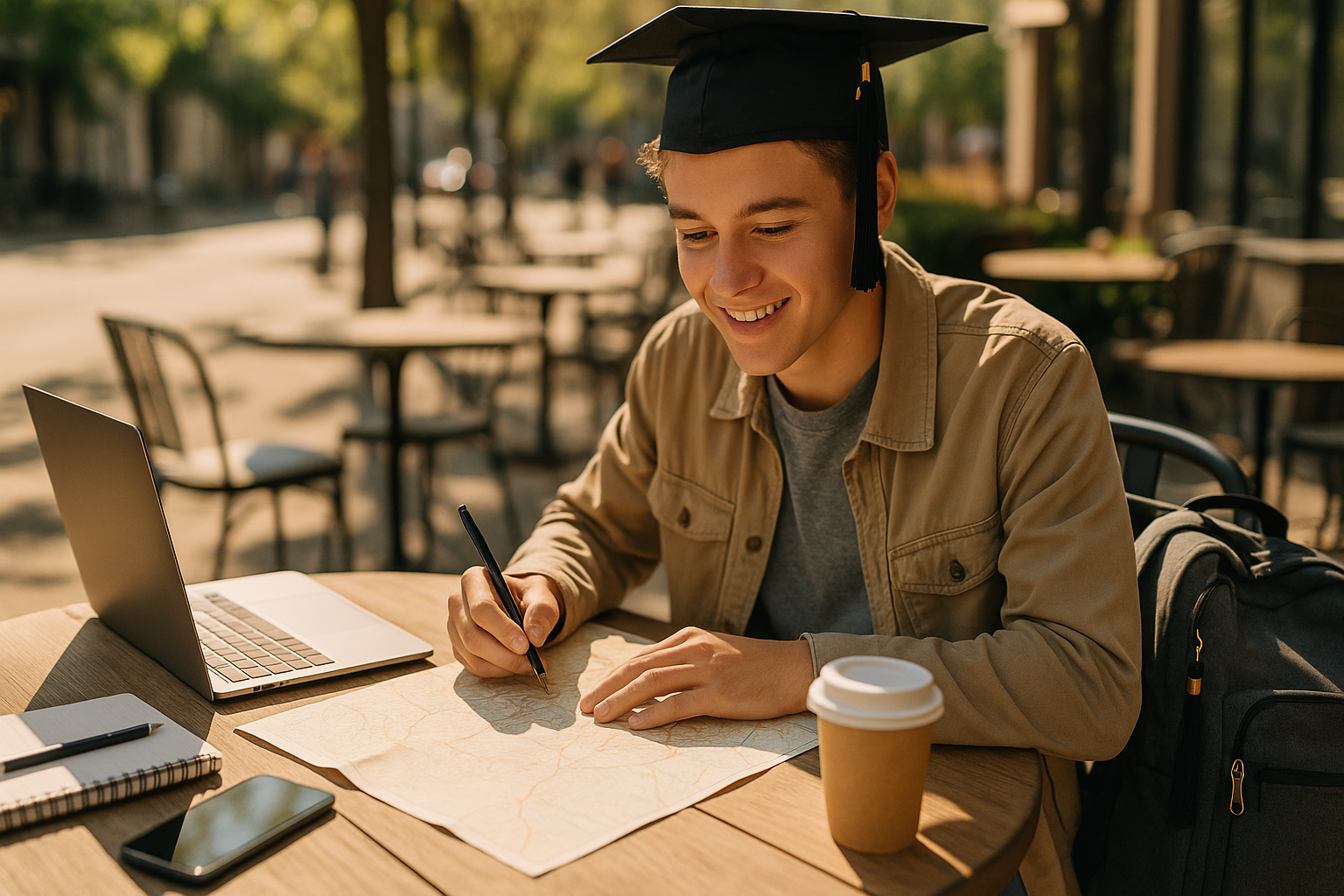 Photo Idea : A bright, sunlit scene of a recent high school grad with a backpack, laptop, and notebook sitting at a cafe table planning on a map — conveys optimism, planning, and study.