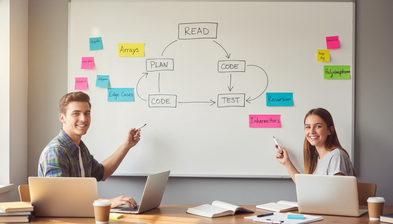 Photo Idea : A whiteboard with a flowchart showing an FRQ plan: read, plan, code, test — surrounded by sticky notes labeled 