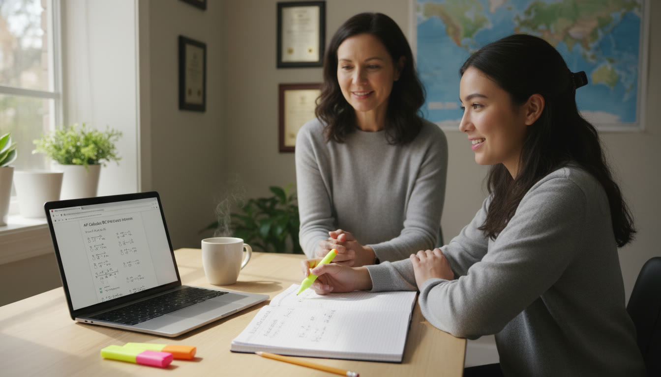 Photo Idea : A calm study corner with a laptop, highlighters, and an open notebook showing an AP practice problem. Natural light, a parent in the background offering a supportive smile—captures the partnership between parent and student.