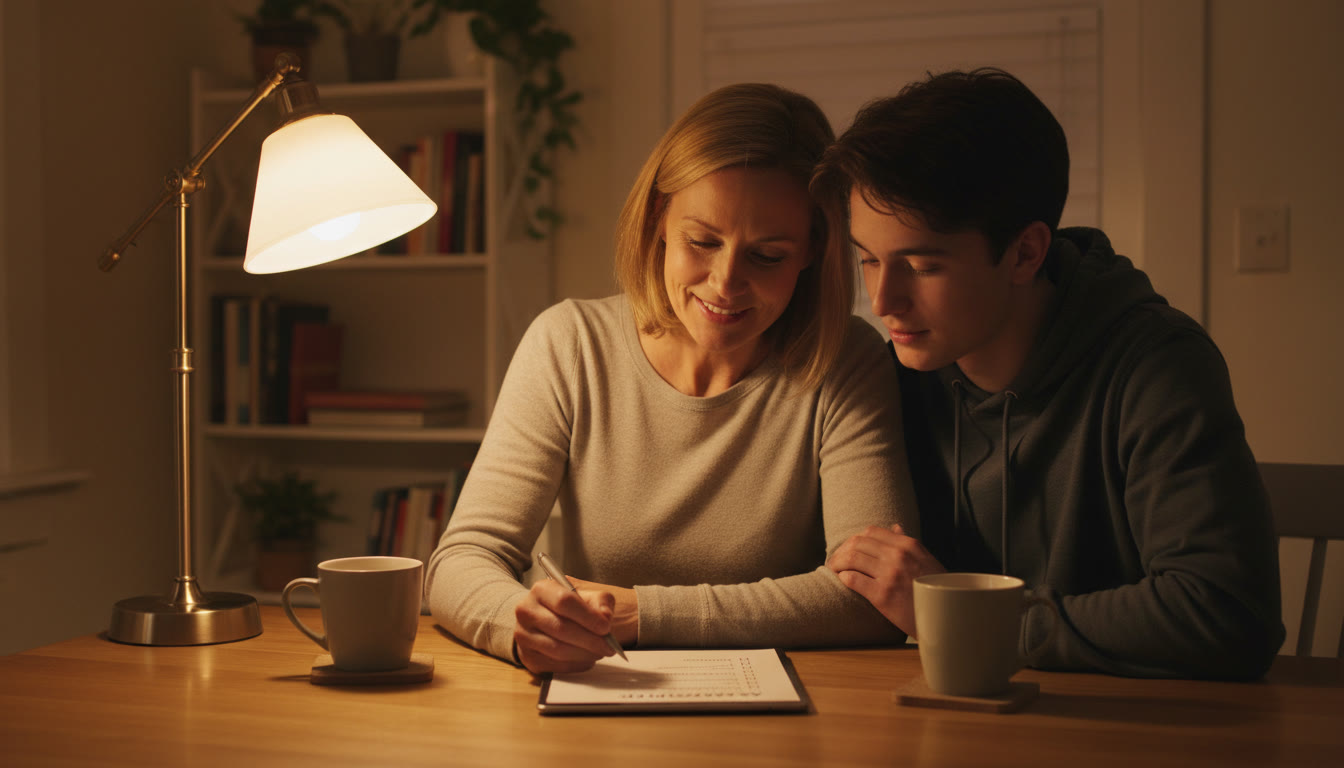 Photo Idea : A cozy evening scene of a parent and teen reviewing a simple checklist at a kitchen table with a lamp, showing teamwork and calm preparation before exam day.