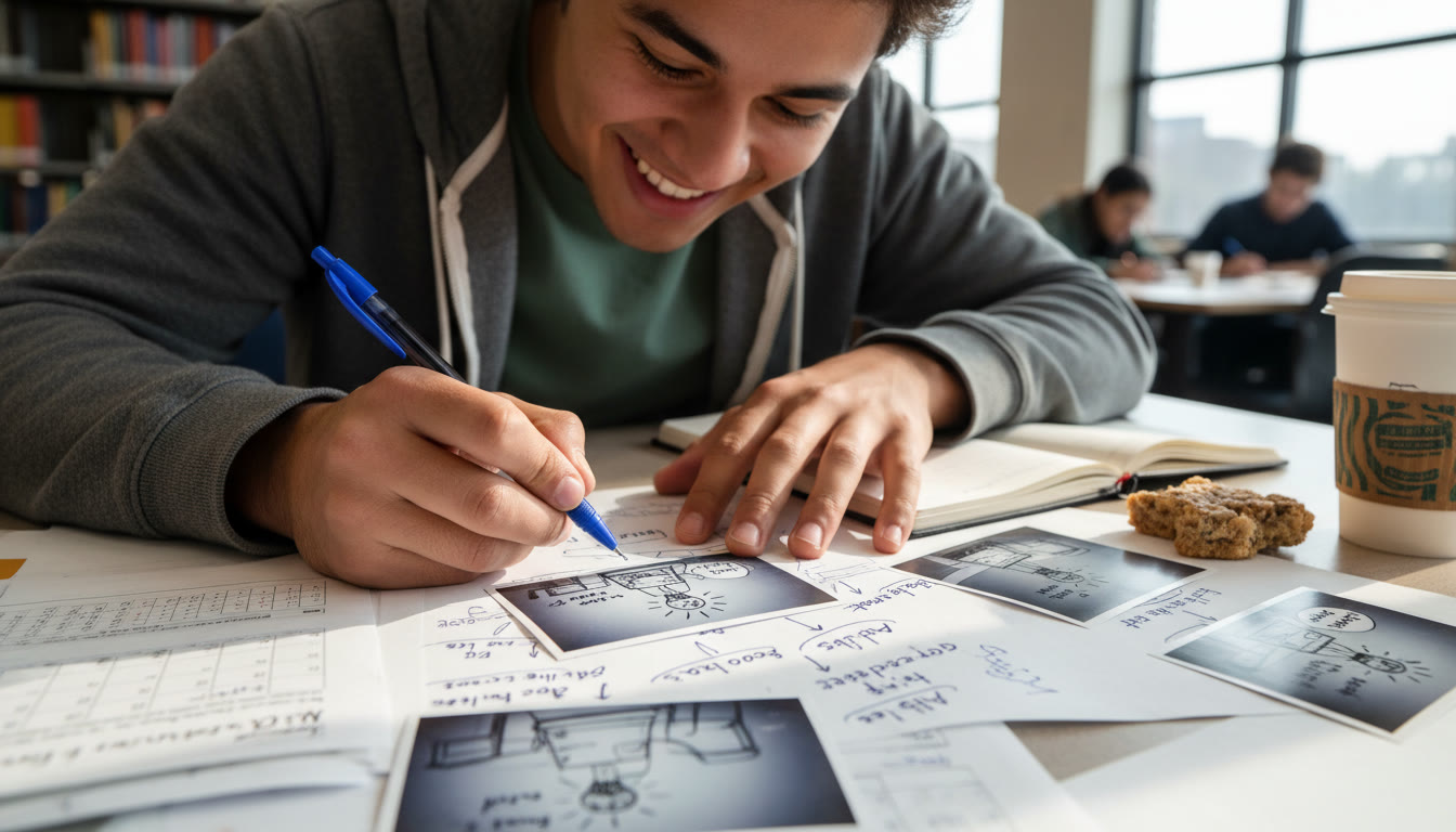 Photo Idea : Close-up of a student annotating a printed thumbnail with a pen — shows the tactile nature of iteration and the act of noting intent.
