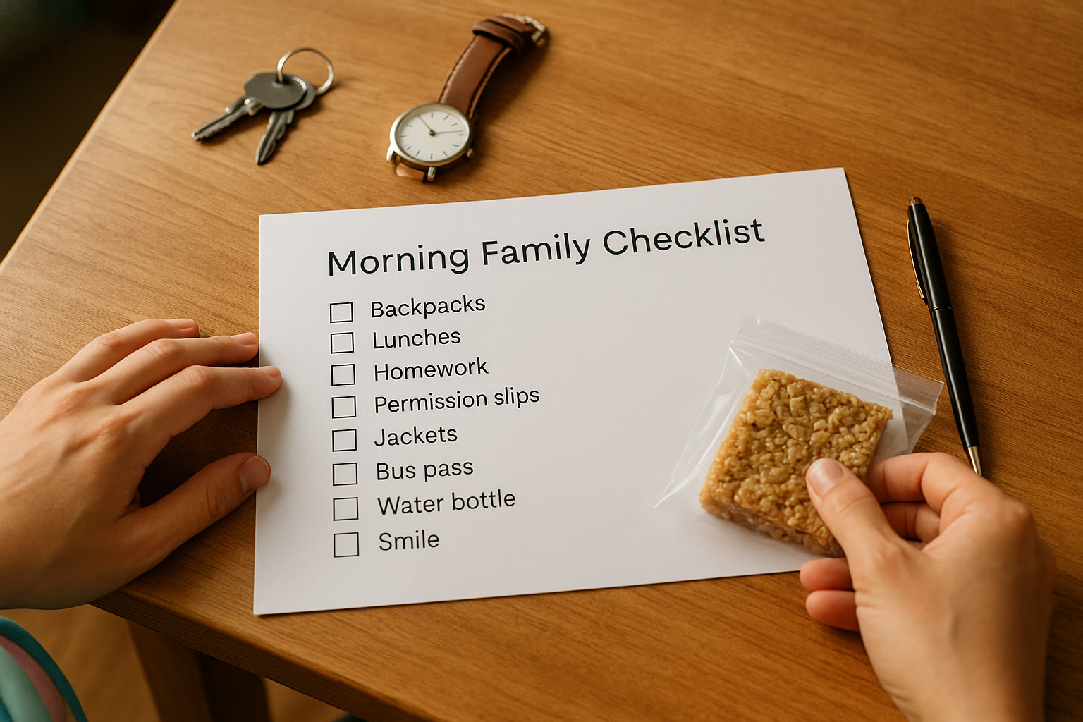 Photo Idea : A printable one-page checklist graphic laid on a kitchen table with keys, a watch, and a small packed snack — styled to convey calm preparation and family teamwork.